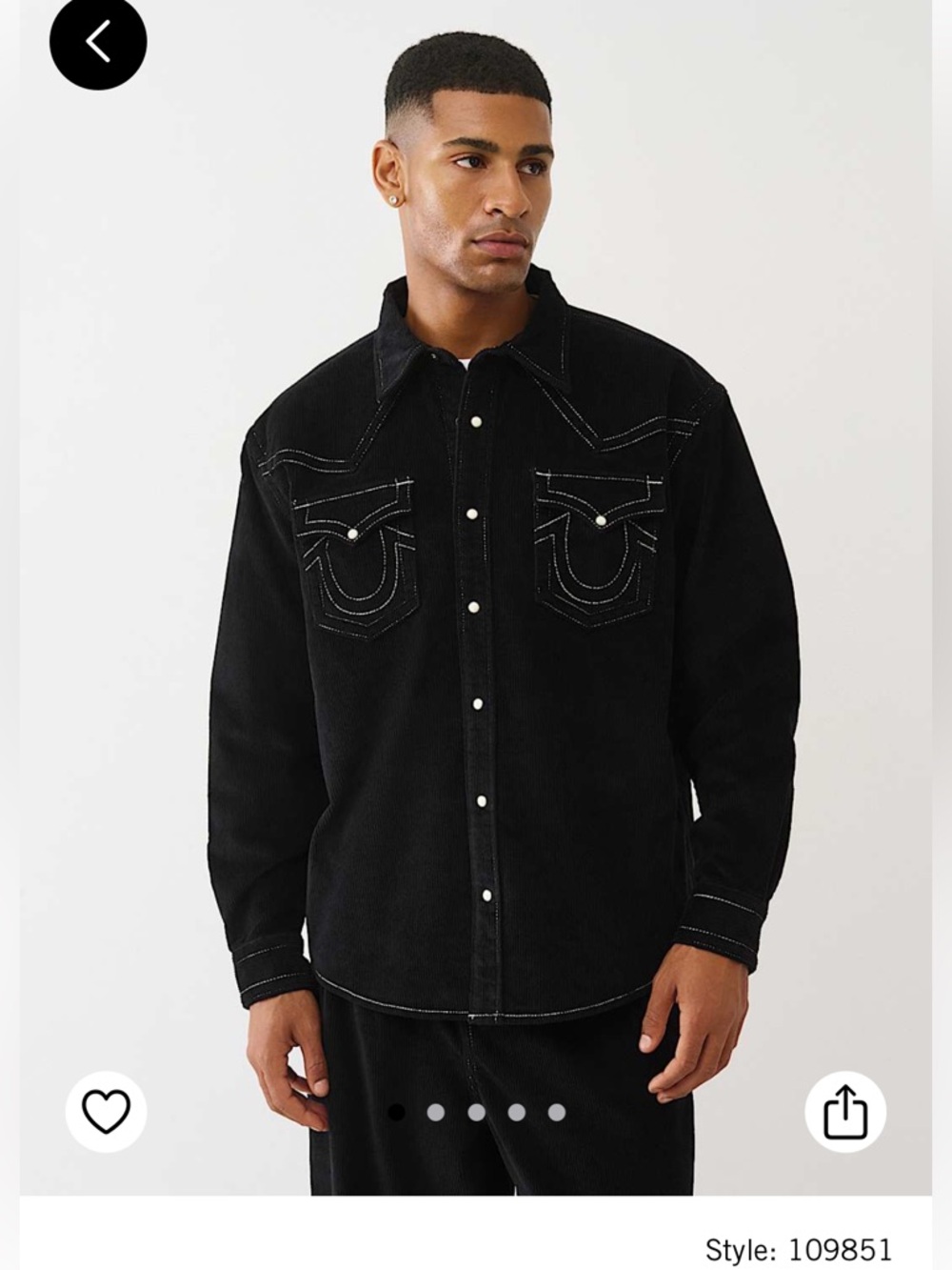 True Religion Black Corduroy Button-Up Jacket with Contrast Stitching